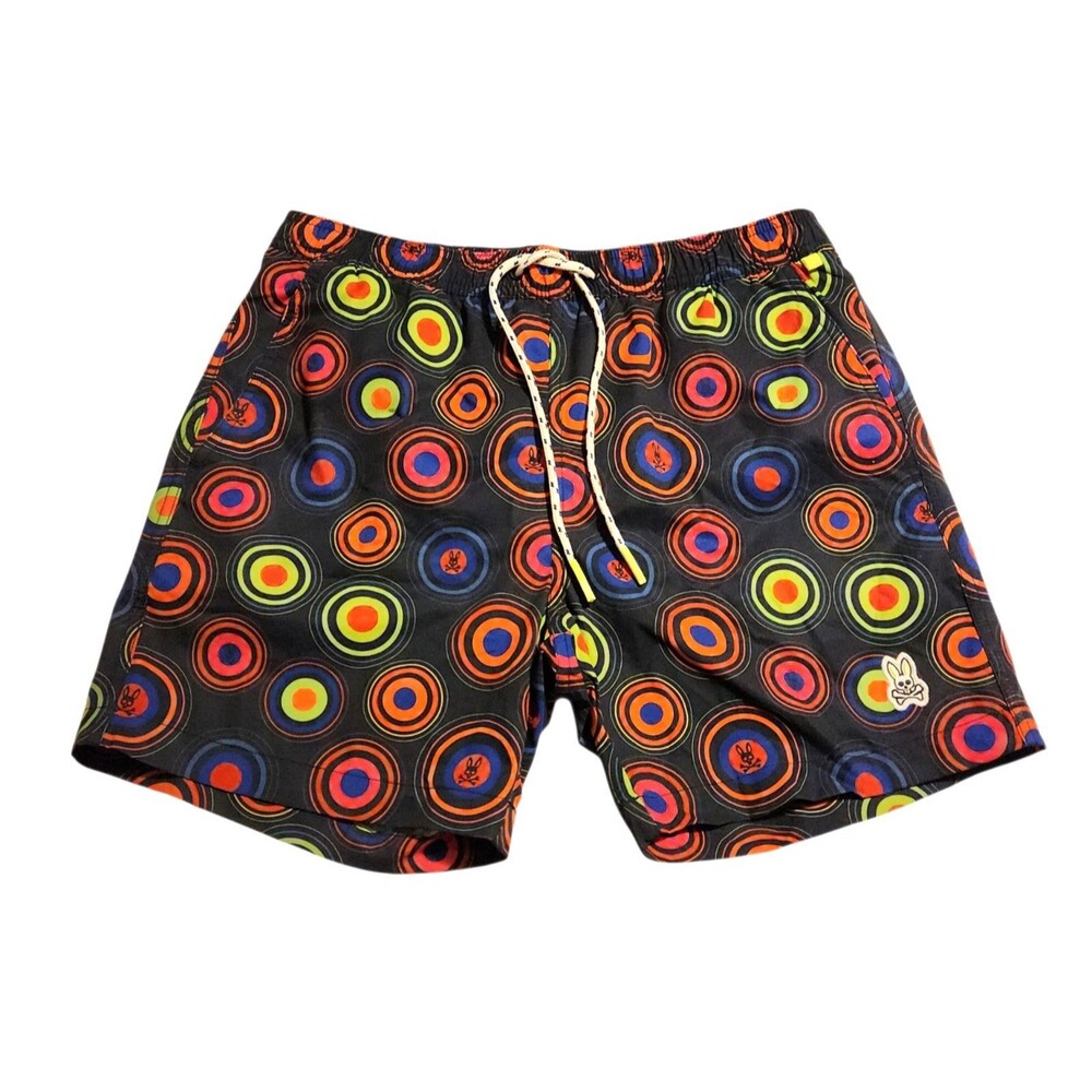 Psycho Bunny Andrew Swim Trunks Mesh Lined Bright Concentric Circles Mens Size S